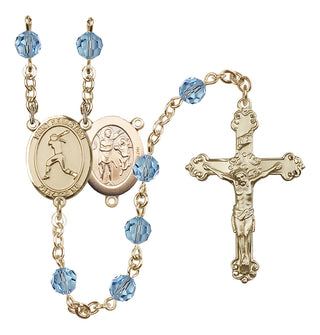 14 Karat Gold 6mm Austrian Crystal Saint Sebastian / Softball Rosary in Aqua