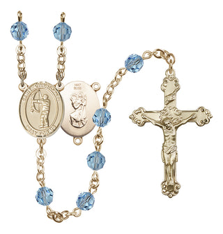 14 Karat Gold 6mm Austrian Crystal Saint Christopher/Archery Rosary in Aqua