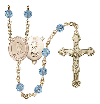 14 Karat Gold 6mm Austrian Crystal Saint Christopher / Skiing Rosary in Aqua