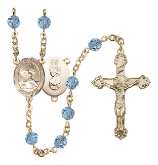 14 Karat Gold 6mm Austrian Crystal Saint Christopher/Water Polo Women Rosary in Aqua