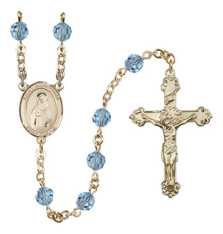 14 Karat Gold 6mm Austrian Crystal Saint Hildegard von Bingen Rosary in Aqua