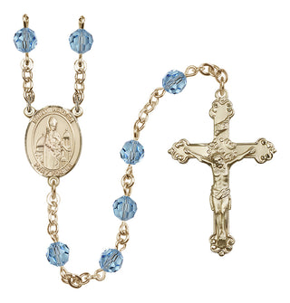 14 Karat Gold 6mm Austrian Crystal Saint Walter of Pontoise Rosary in Aqua