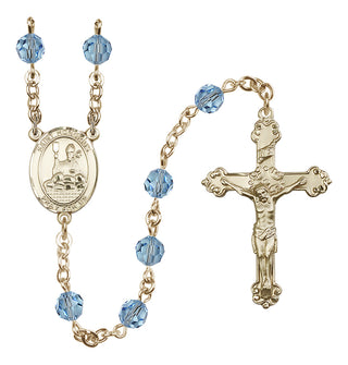 14 Karat Gold 6mm Austrian Crystal Saint Honorius of Amiens Rosary in Aqua
