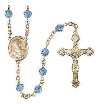 14 Karat Gold 6mm Austrian Crystal Saint Daniel Comboni Rosary in Aqua