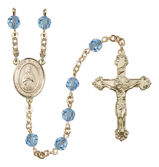 14 Karat Gold 6mm Austrian Crystal Our Lady Rosa Mystica Rosary in Aqua