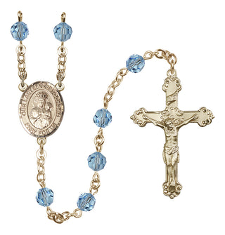 14 Karat Gold 6mm Austrian Crystal Our Lady of Czestochowa Rosary in Aqua