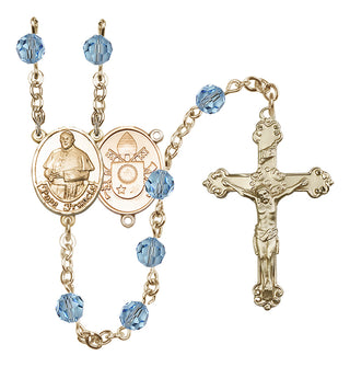 14 Karat Gold 6mm Austrian Crystal Pope Francis Rosary in Aqua