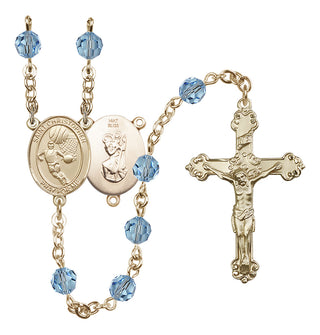 14 Karat Gold 6mm Austrian Crystal Saint Christopher/Basketball Rosary in Aqua