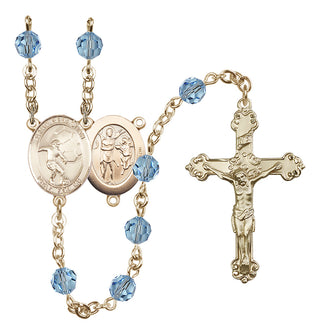 14 Karat Gold 6mm Austrian Crystal Saint Sebastian / Soccer Rosary in Aqua