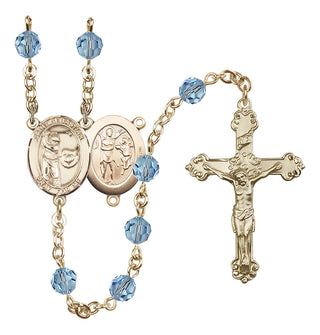 14 Karat Gold 6mm Austrian Crystal Saint Sebastian / Golf Rosary in Aqua