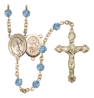 14 Karat Gold 6mm Austrian Crystal Saint Sebastian /Track&Field-Women Rosary in Aqua