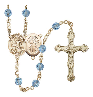14 Karat Gold 6mm Austrian Crystal Saint Sebastian/Soccer-Women Rosary in Aqua