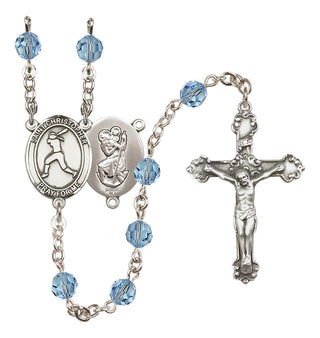 Sterling Silver 6mm Austrian Crystal Saint Christopher/Softball Rosary in Aqua