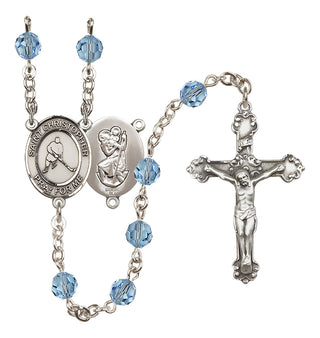 Sterling Silver 6mm Austrian Crystal Saint Christopher/Ice Hockey Rosary in Aqua