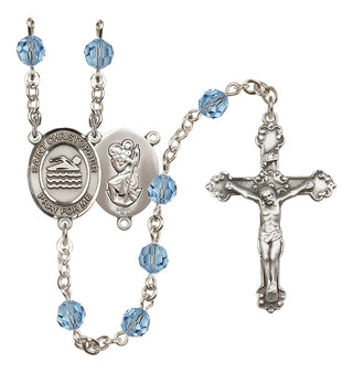 Sterling Silver 6mm Austrian Crystal Saint Christopher/Swimming Rosary in Aqua