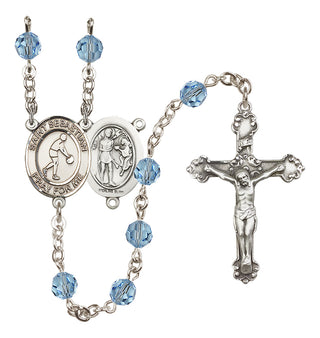 Sterling Silver 6mm Austrian Crystal Saint Sebastian/Basketball Rosary in Aqua
