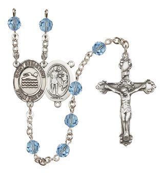 Sterling Silver 6mm Austrian Crystal Saint Sebastian/Swimming Rosary in Aqua