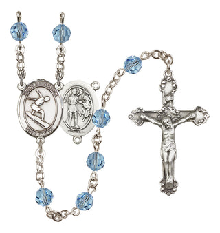 Sterling Silver 6mm Austrian Crystal Saint Sebastian/Surfing Rosary in Aqua