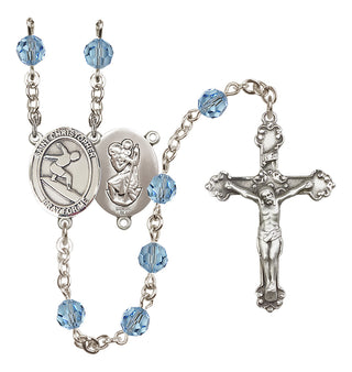 Sterling Silver 6mm Austrian Crystal Saint Christopher/Surfing Rosary in Aqua