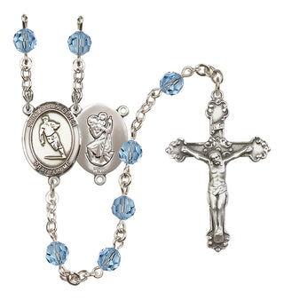 Sterling Silver 6mm Austrian Crystal Saint Christopher / Rugby Rosary in Aqua
