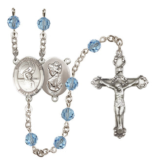 Sterling Silver 6mm Austrian Crystal Saint Christopher/Water Polo Men Rosary in Aqua