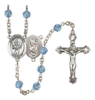 Sterling Silver 6mm Austrian Crystal Saint Christopher/Baseball Rosary in Aqua