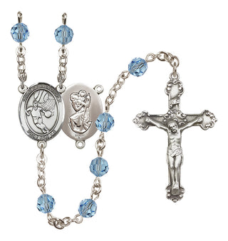 Sterling Silver 6mm Austrian Crystal Saint Christopher/Basketball Rosary in Aqua