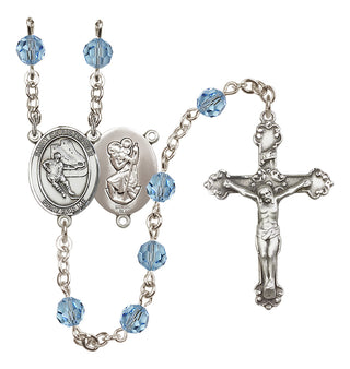 Sterling Silver 6mm Austrian Crystal Saint Christopher/Hockey Rosary in Aqua