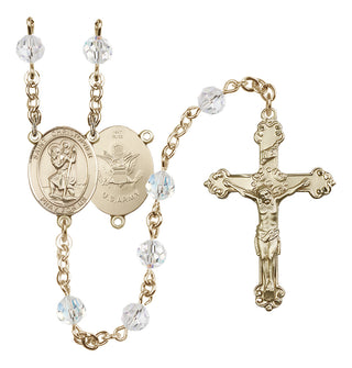 14 Karat Gold 6mm Austrian Crystal Saint Christopher / Army Rosary in Crystal