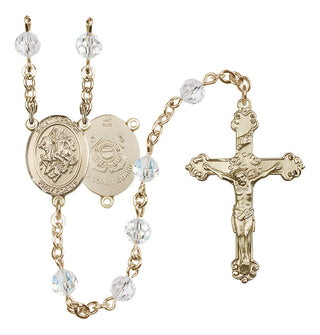 14 Karat Gold 6mm Austrian Crystal Saint George / Coast Guard Rosary in Crystal