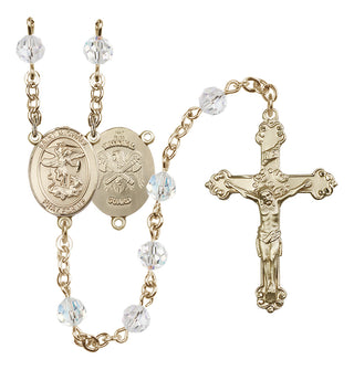 14 Karat Gold 6mm Austrian Crystal Saint Michael / Nat'l Guard Rosary in Crystal