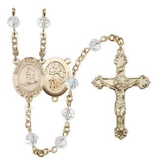 14 Karat Gold 6mm Austrian Crystal Saint Sebastian/Skiing Rosary in Crystal