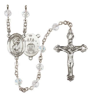 Sterling Silver 6mm Austrian Crystal Saint Christopher / Air Force Rosary in Crystal