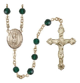 14 Karat Gold-Filled 6mm Austrian Crystal San Cristobal Rosary in Emerald