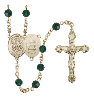 14 Karat Gold-Filled 6mm Austrian Crystal Saint George / Navy Rosary in Emerald
