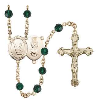 14 Karat Gold-Filled 6mm Austrian Crystal Saint Christopher/Gymnastics Rosary in Emerald
