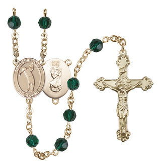 14 Karat Gold-Filled 6mm Austrian Crystal Saint Christopher/Golf Rosary in Emerald