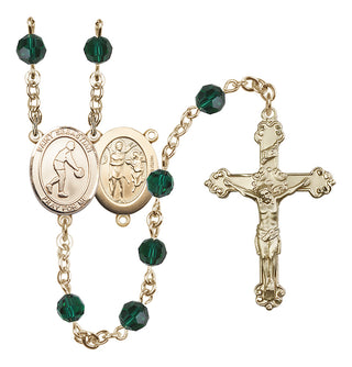14 Karat Gold-Filled 6mm Austrian Crystal Saint Sebastian/Basketball Rosary in Emerald