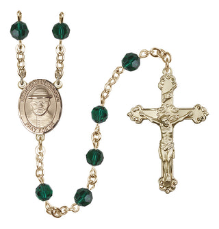 14 Karat Gold-Filled 6mm Austrian Crystal Saint Damien of Molokai Rosary in Emerald