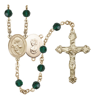 14 Karat Gold-Filled 6mm Austrian Crystal Saint Christopher/Basketball Rosary in Emerald