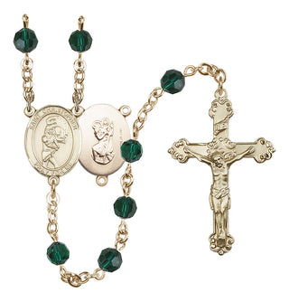 14 Karat Gold-Filled 6mm Austrian Crystal Saint Christopher/Softball Rosary in Emerald
