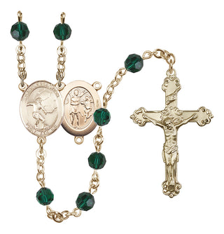 14 Karat Gold-Filled 6mm Austrian Crystal Saint Sebastian / Soccer Rosary in Emerald