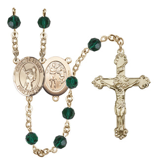14 Karat Gold-Filled 6mm Austrian Crystal Saint Sebastian/Lacrosse Rosary in Emerald