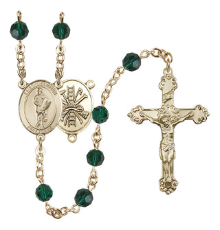 14 Karat Gold 6mm Austrian Crystal Saint Florian/Firefighter Rosary in Emerald
