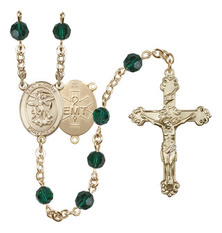14 Karat Gold 6mm Austrian Crystal Saint Michael / EMT Rosary in Emerald