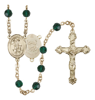 14 Karat Gold 6mm Austrian Crystal Guardian Angel/Coast Guard Rosary in Emerald