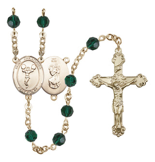 14 Karat Gold 6mm Austrian Crystal Saint Christopher/Cheerleading Rosary in Emerald