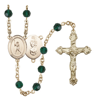 14 Karat Gold 6mm Austrian Crystal Saint Christopher/Baseball Rosary in Emerald