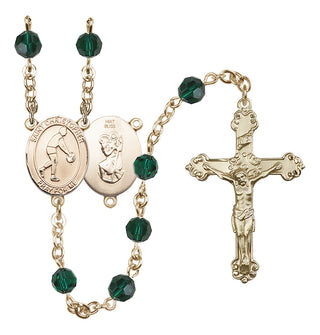 14 Karat Gold 6mm Austrian Crystal Saint Christopher/Basketball Rosary in Emerald