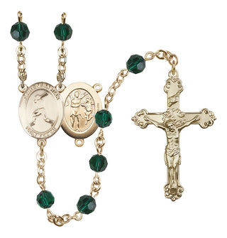 14 Karat Gold 6mm Austrian Crystal Saint Sebastian/Baseball Rosary in Emerald